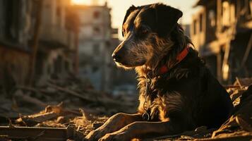 verdwaald hond Aan een beschadigd straat in middag licht - een krachtig beeld voor dier rechten belangenbehartiging, ai generatief foto