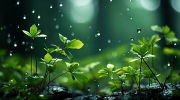 glinsterend water druppels Aan vers groen bladeren in zonlicht, met wazig Woud bokeh, detailopname schoonheid van natuur, liefde aarde concept, ai generatief foto