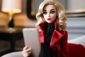 Barbie stijl jong vrouw influencer met smartphone, generatief ai foto