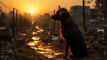 verdwaald hond Aan een beschadigd straat in middag licht - een krachtig beeld voor dier rechten belangenbehartiging, ai generatief foto