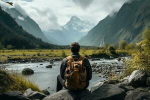 jong Mens zittend en genieten van de landschap van berg en rivier- ai gegenereerd foto