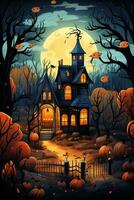 tekenfilm halloween spookachtig huis. illustraties van een spookachtig huis voor halloween. sprookje en fantasie ontwerp. ai gegenereerd. foto