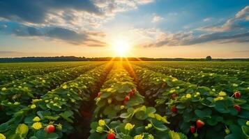 veld- van aardbeien Bij zonsopkomst achtergrond. generatief ai foto