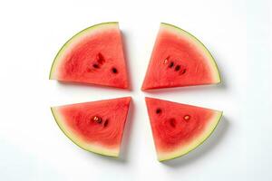 detailopname vers rood plak van watermeloen fruit Aan wit achtergrond. sappig fruit met tropisch fruit. gezond voeding concept. generatief ai foto