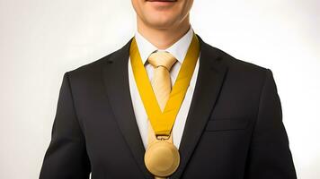 zakenman vervelend goud medaille. bedrijf succes concept. generatief ai foto