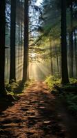 nevelig Woud met zonlicht filteren door bomen foto