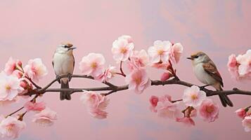 een trio van vogelstand neergestreken Aan een Afdeling versierd met delicaat roze bloemen kodak portret 400 , groot copyspace Oppervlakte, buiten het centrum samenstelling foto