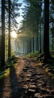 nevelig Woud met zonlicht filteren door bomen foto