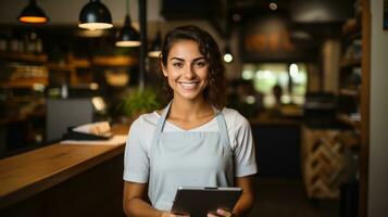 glimlachen vrouw ondernemer Holding tablet in haar koffie foto