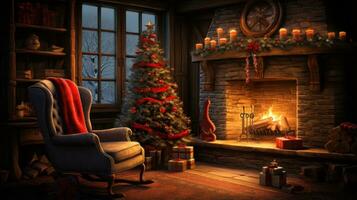 Kerstmis tafereel stel je voor een warm en uitnodigend vakantie instelling met een prachtig versierd Kerstmis boom omringd door presenteert, een comfortabel schommelen stoel, en een knetteren haard. foto