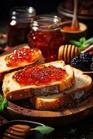 verspreiding van fruit jam en honing Aan rustiek brood plakjes foto