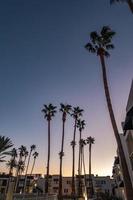 vroege ochtend met zonsopgang bij hotel en palmbomen foto