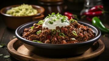 pittig Chili con carne bekroond met verzuren room en bieslook foto