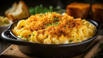 geruststellend kom van macaroni en kaas met brood kruimels foto