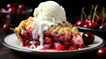 kers taart met kruimel topping barsten met sappig fruit foto