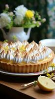 citroen schuimgebak taart met pluizig pieken, een licht en citrusachtig toegeeflijkheid foto