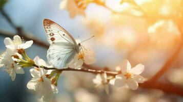 wit vlinder Aan een Afdeling van een bloeiende boom. voorjaar achtergrond foto