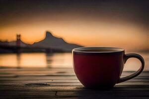 een kop van koffie Aan een houten tafel met een visie van de oceaan. ai-gegenereerd foto