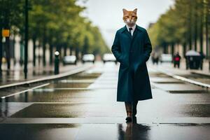 een kat vervelend een pak en stropdas wandelen naar beneden een nat straat. ai-gegenereerd foto