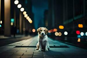 een hond zittend Aan de straat Bij nacht. ai-gegenereerd foto