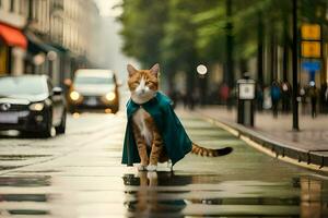 een kat vervelend een kaap wandelingen naar beneden een straat in de regen. ai-gegenereerd foto