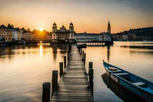 een houten pier met een boot in de water Bij zonsondergang. ai-gegenereerd foto