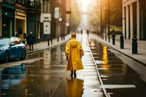 een vrouw in een geel regenjas wandelen naar beneden een straat. ai-gegenereerd foto