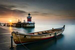 een boot zit Aan de dok Bij zonsondergang. ai-gegenereerd foto