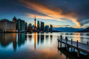 de stad horizon Bij zonsondergang in sjanghai. ai-gegenereerd foto