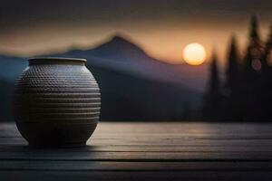 een vaas zittend Aan een houten tafel met een zonsondergang in de achtergrond. ai-gegenereerd foto