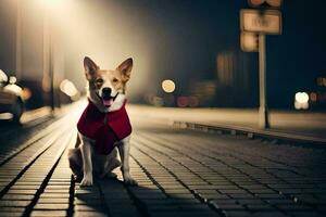 een hond vervelend een rood jas zit Aan een straat Bij nacht. ai-gegenereerd foto