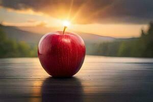 rood appel Aan de tafel met de zon schijnend achter het. ai-gegenereerd foto