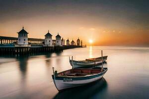 boten in de water Bij zonsondergang met pier in de achtergrond. ai-gegenereerd foto