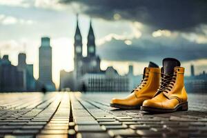 een paar- van geel laarzen Aan een steen loopbrug in voorkant van een stad horizon. ai-gegenereerd foto