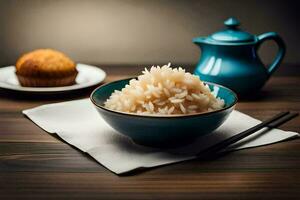 een kom van rijst- en een kop van thee Aan een houten tafel. ai-gegenereerd foto