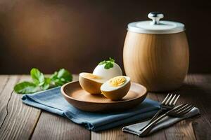 moeilijk gekookt eieren Aan een houten tafel. ai-gegenereerd foto