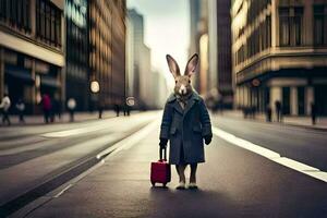 een konijn vervelend een jas en pak is wandelen naar beneden de straat. ai-gegenereerd foto