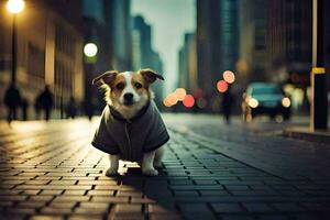 een hond vervelend een jas Aan een stad straat. ai-gegenereerd foto