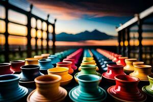 kleurrijk cups zijn bekleed omhoog Aan een tafel. ai-gegenereerd foto
