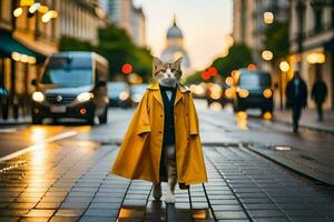 een kat in een geel jas wandelen naar beneden een straat. ai-gegenereerd foto