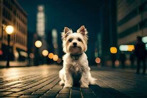 een klein wit hond zittend Aan de straat Bij nacht. ai-gegenereerd foto