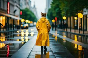 een persoon in een geel regenjas wandelen naar beneden een straat. ai-gegenereerd foto