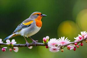 een vogel zittend Aan een Afdeling met bloemen. ai-gegenereerd foto