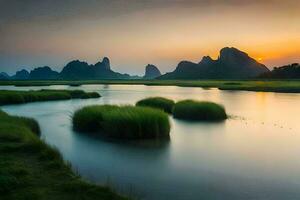 de zonsopkomst over- de li rivier- in China. ai-gegenereerd foto