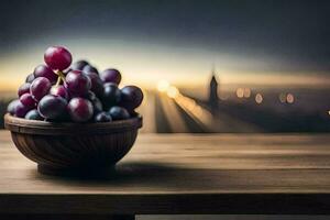 druiven in een houten kom Aan een tafel met een stad in de achtergrond. ai-gegenereerd foto