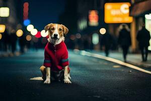 een hond vervelend een rood jasje zittend Aan de straat Bij nacht. ai-gegenereerd foto