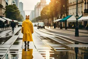 een persoon in een geel regenjas wandelen naar beneden een straat. ai-gegenereerd foto