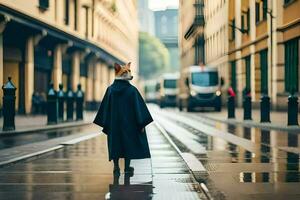 een vos in een jas wandelen naar beneden een straat. ai-gegenereerd foto