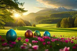 Pasen eieren in de gras met bergen in de achtergrond. ai-gegenereerd foto