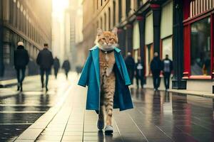 een kat in een blauw jas wandelen naar beneden een straat. ai-gegenereerd foto